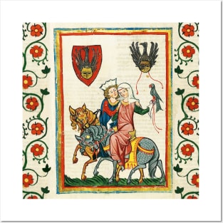 LOVERS ON HORSEBACK WITH FALCON , MEDIEVAL MINIATURE WITH WILD ROSES Posters and Art